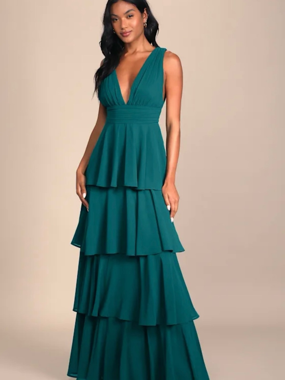 Lulu's Teal Plunging V-Neck Tiered Maxi Dress